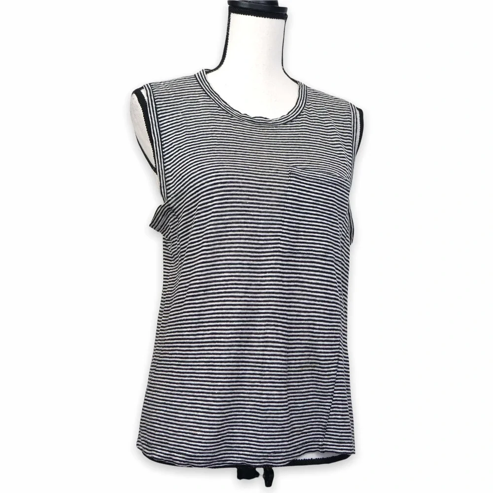 A.L.C. Striped Asymmetrical Pocket Tank Top Sz S Black White 100% Linen ALC - Picture 2 of 9